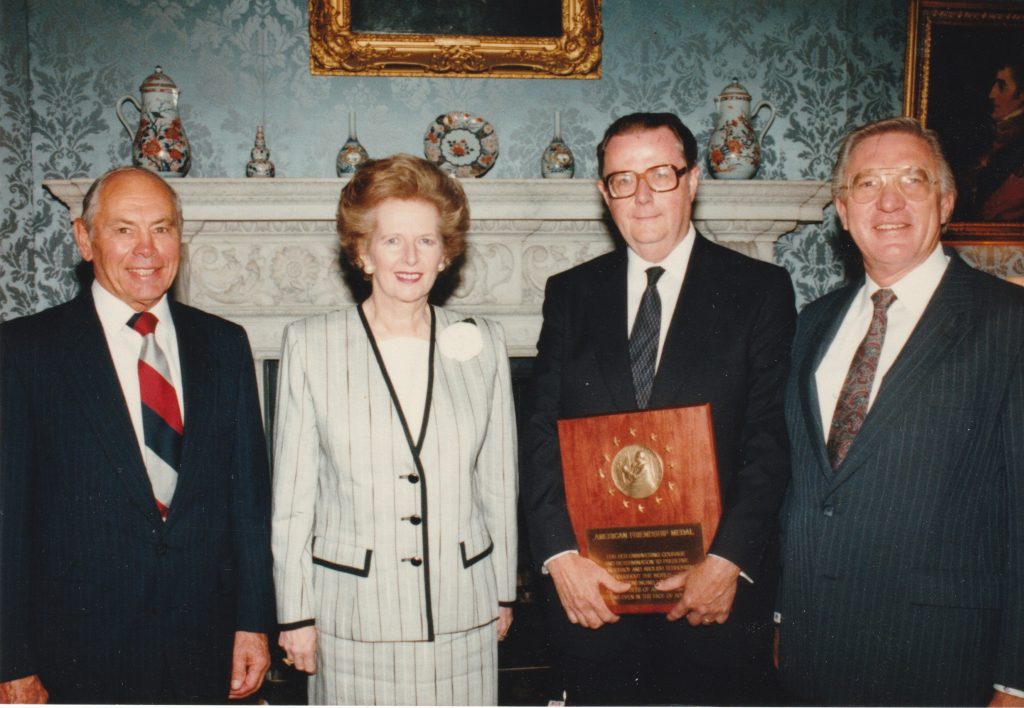 Margaret Thatcher receives the George Washington Honor Medal.
