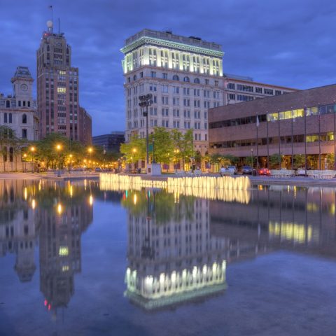 View of the partial city skyline of Syracuse at dusk in Central New York
