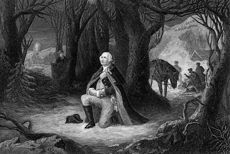 George Washington kneeling in prayer in a black and white sketch drawing
